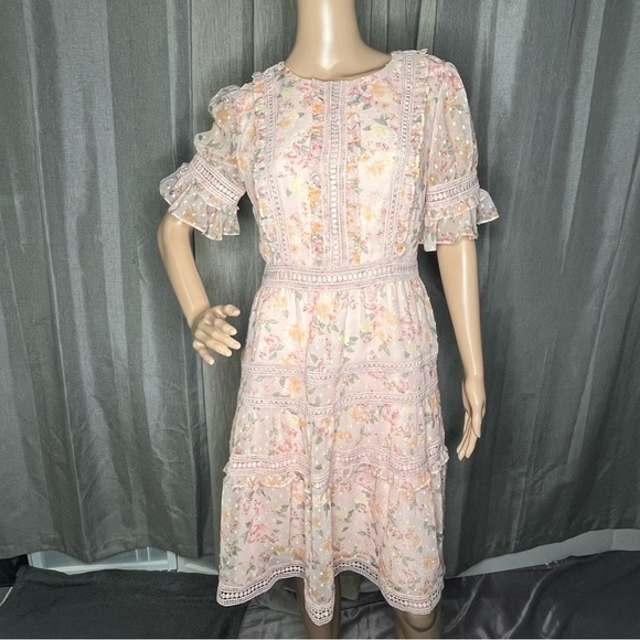 Rachel Parcell Mix Lace Fit Flare Mauve Pink Flutter Sleeve Midi Dress Small - Picture 1 of 11